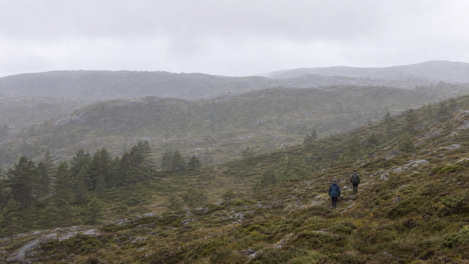 To personer på vei opp en li i norsk kystterreng under overskyet himmel, med åsrygger som forsvinner i disen bak.